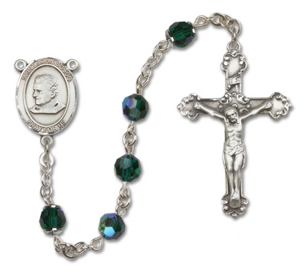 St.  John Bosco Sterling Silver Heirloom Rosary Fancy Crucifix - Emerald Green