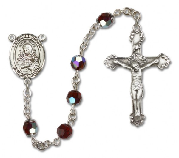 Mater Dolorosa Sterling Silver Heirloom Rosary Fancy Crucifix - Garnet