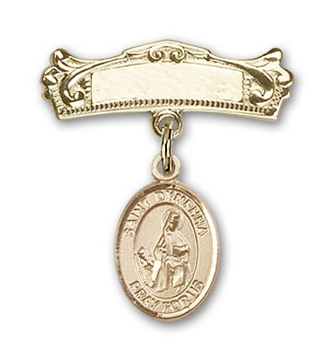 Pin Badge with St. Dymphna Charm and Arched Polished Engravable Badge Pin - Gold Tone
