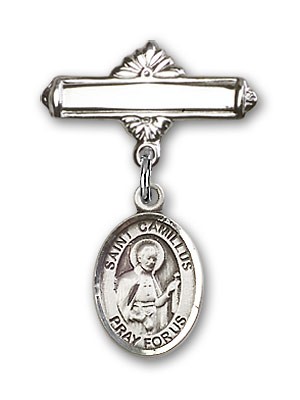 Pin Badge with St. Camillus of Lellis Charm and Polished Engravable Badge Pin - Silver tone