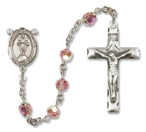 Our Lady of Nations Sterling Silver Heirloom Rosary Squared Crucifix - Light Rose