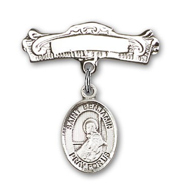 Pin Badge with St. Benjamin Charm and Arched Polished Engravable Badge Pin - Silver tone