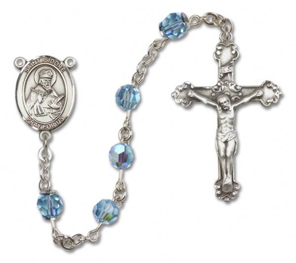 St. Isidore of Seville Sterling Silver Heirloom Rosary Fancy Crucifix - Aqua