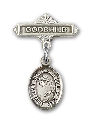 Baby Badge with Footprints Cross Charm and Godchild Badge Pin - Silver tone