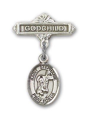 Pin Badge with St. Stephanie Charm and Godchild Badge Pin - Silver tone
