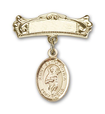 Pin Badge with St. Scholastica Charm and Arched Polished Engravable Badge Pin - Gold Tone