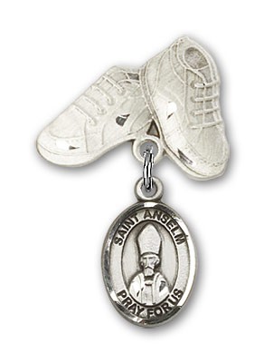 Pin Badge with St. Anselm of Canterbury Charm and Baby Boots Pin - Silver tone