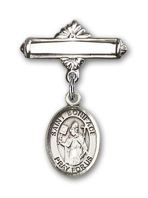 Pin Badge with St. Boniface Charm and Polished Engravable Badge Pin - Silver tone