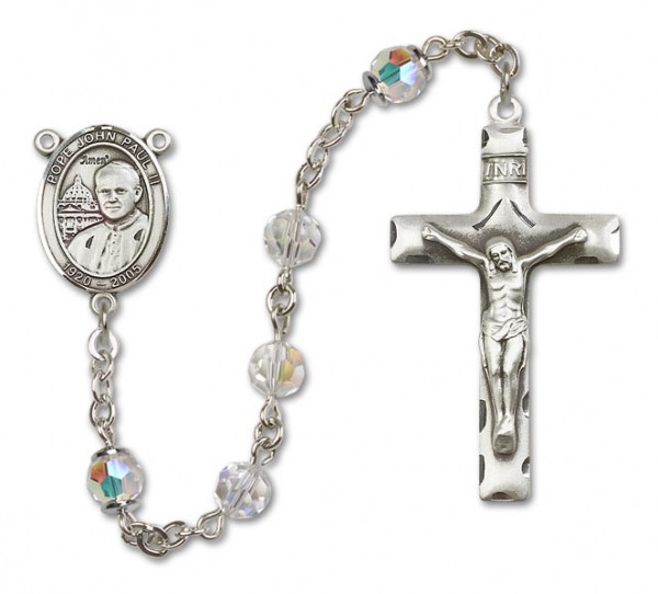 Pope John Paul II Sterling Silver Heirloom Rosary Squared Crucifix - Crystal