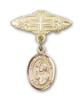 Pin Badge with St. Rene Goupil Charm and Badge Pin with Cross - 14K Solid Gold