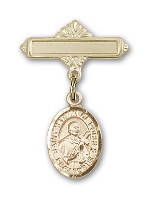 Pin Badge with St. Martin de Porres Charm and Polished Engravable Badge Pin - Gold Tone