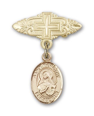 Pin Badge with St. Dorothy Charm and Badge Pin with Cross - Gold Tone