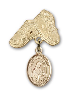 Pin Badge with St. Gertrude of Nivelles Charm and Baby Boots Pin - 14K Solid Gold