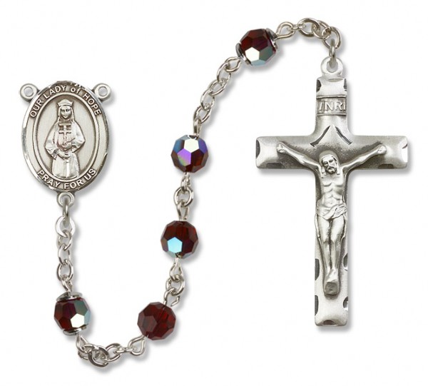 Our Lady of Hope Sterling Silver Heirloom Rosary Squared Crucifix - Garnet