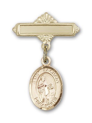 Pin Badge with St. Zachary Charm and Polished Engravable Badge Pin - Gold Tone