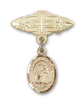 Pin Badge with St. Valentine of Rome Charm and Badge Pin with Cross - 14K Solid Gold