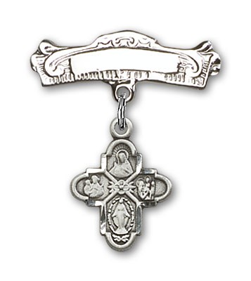 Pin Badge with 4-Way Charm and Arched Polished Engravable Badge Pin - Silver tone