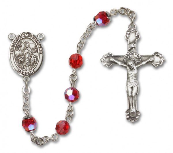 Lord Is My Shepherd Sterling Silver Heirloom Rosary Fancy Crucifix - Ruby Red