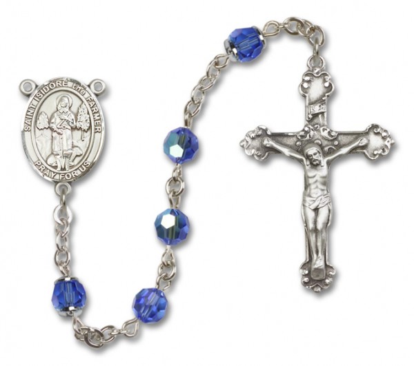 St. Isidore the Farmer Sterling Silver Heirloom Rosary Fancy Crucifix - Sapphire