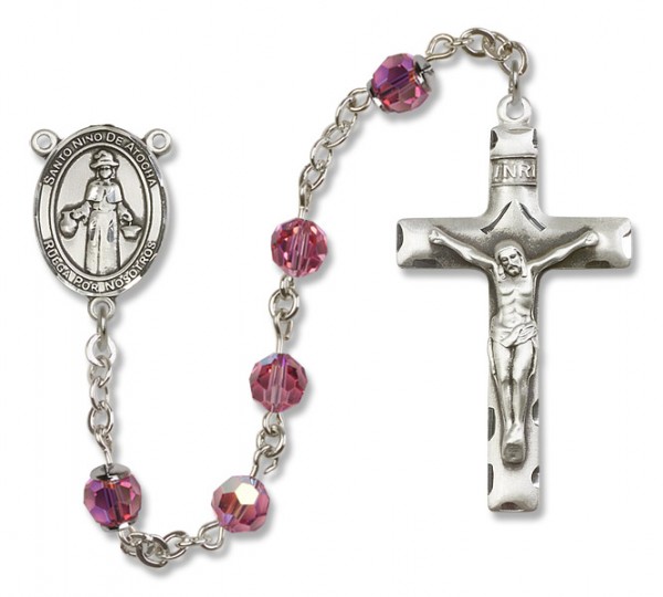 St. Nino de Atocha Sterling Silver Heirloom Rosary Squared Crucifix - Rose
