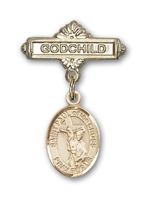 Pin Badge with St. Paul of the Cross Charm and Godchild Badge Pin - 14K Solid Gold