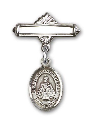 Pin Badge with Infant of Prague Charm and Polished Engravable Badge Pin - Silver tone