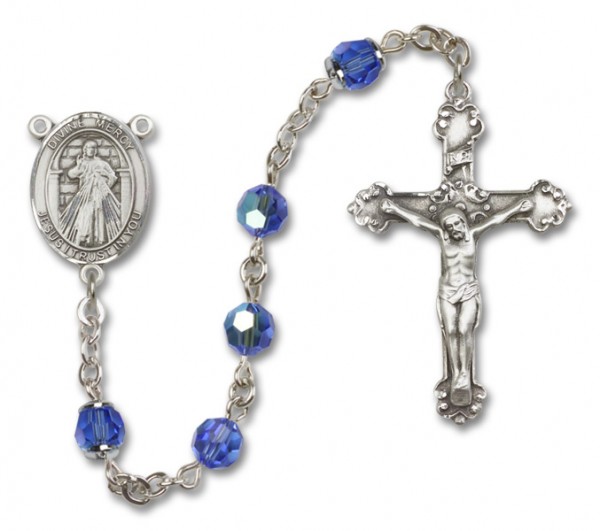 Divine Mercy Sterling Silver Heirloom Rosary Fancy Crucifix - Sapphire
