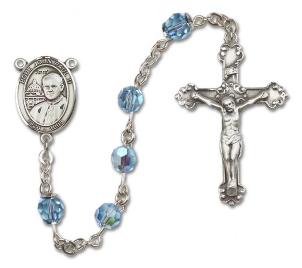 Pope John Paul II Sterling Silver Heirloom Rosary Fancy Crucifix - Aqua