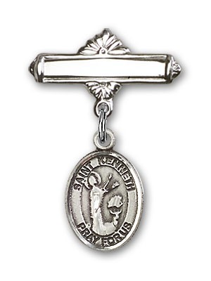 Pin Badge with St. Kenneth Charm and Polished Engravable Badge Pin - Silver tone