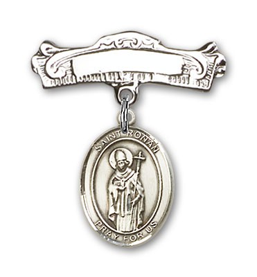 Pin Badge with St. Ronan Charm and Arched Polished Engravable Badge Pin - Silver tone