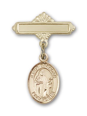Pin Badge with St. Brendan the Navigator Charm and Polished Engravable Badge Pin - 14K Solid Gold