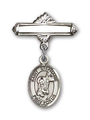 Pin Badge with St. Stephanie Charm and Polished Engravable Badge Pin - Silver tone