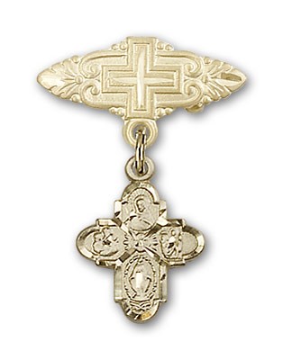 Pin Badge with 4-Way Charm and Badge Pin with Cross - 14K Solid Gold