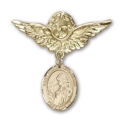 Pin Badge with St. Finnian of Clonard Charm and Angel with Larger Wings Badge Pin - 14K Solid Gold