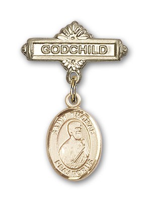 Pin Badge with St. Thomas the Apostle Charm and Godchild Badge Pin - 14K Solid Gold