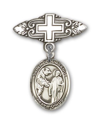 Pin Badge with St. Columbanus Charm and Badge Pin with Cross - Silver tone