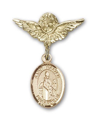 Pin Badge with St. Walter of Pontnoise Charm and Angel with Smaller Wings Badge Pin - Gold Tone