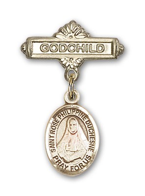 Pin Badge with St. Rose Philippine Charm and Godchild Badge Pin - Gold Tone