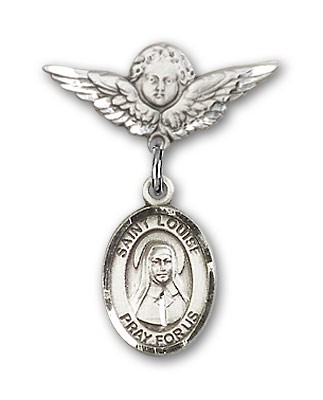 Pin Badge with St. Louise de Marillac Charm and Angel with Smaller Wings Badge Pin - Silver tone