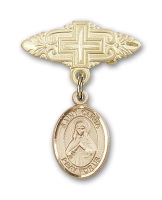 Pin Badge with St. Olivia Charm and Badge Pin with Cross - 14K Solid Gold