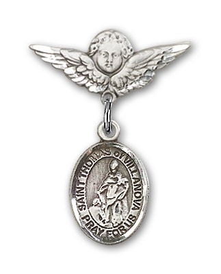 Pin Badge with St. Thomas of Villanova Charm and Angel with Smaller Wings Badge Pin - Silver tone