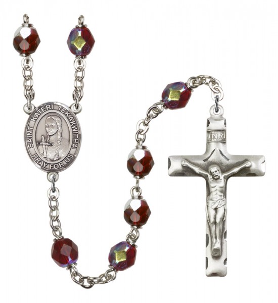 Men's St. Kateri Tekakwitha Silver Plated Rosary - Garnet