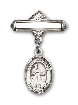 Pin Badge with St. Zachary Charm and Polished Engravable Badge Pin - Silver tone