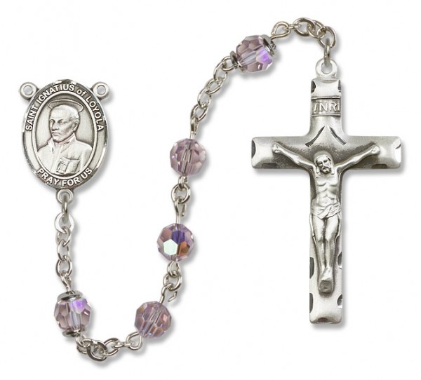 St. Ignatius of Loyola Sterling Silver Heirloom Rosary Squared Crucifix - Light Amethyst