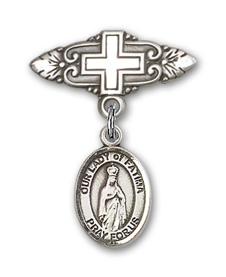 Pin Badge with Our Lady of Fatima Charm and Badge Pin with Cross - Silver tone