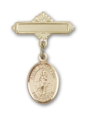 Pin Badge with St. Cornelius Charm and Polished Engravable Badge Pin - Gold Tone