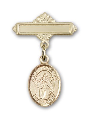 Pin Badge with St. Boniface Charm and Polished Engravable Badge Pin - 14K Solid Gold