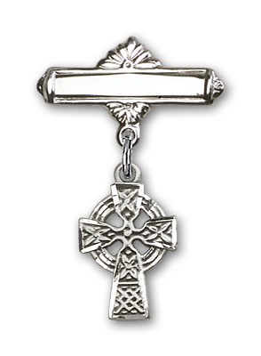 Pin Badge with Celtic Cross Charm and Polished Engravable Badge Pin - Sterling Silver