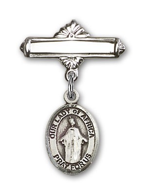 Pin Badge with Our Lady of Africa Charm and Polished Engravable Badge Pin - Silver tone