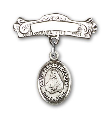 Pin Badge with St. Frances Cabrini Charm and Arched Polished Engravable Badge Pin - Silver tone